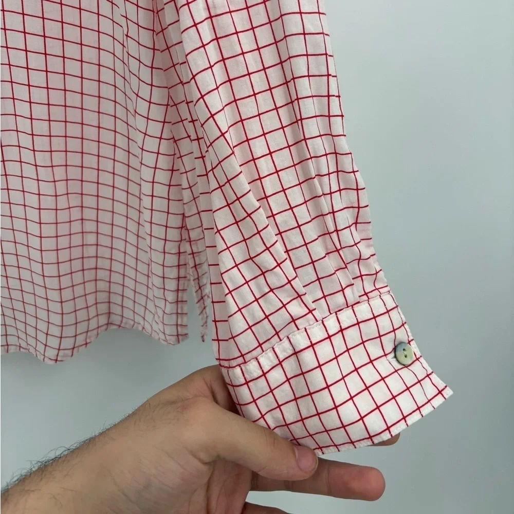 Foxcroft Women’s Blouse White Red Tencel Rolled Sleeve Gingham Button Up Size 10